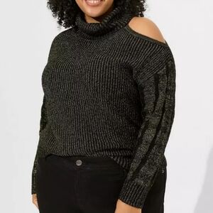 Torrid Lurex Cable Pullover Cold Shoulder Turtle Neck Sweater